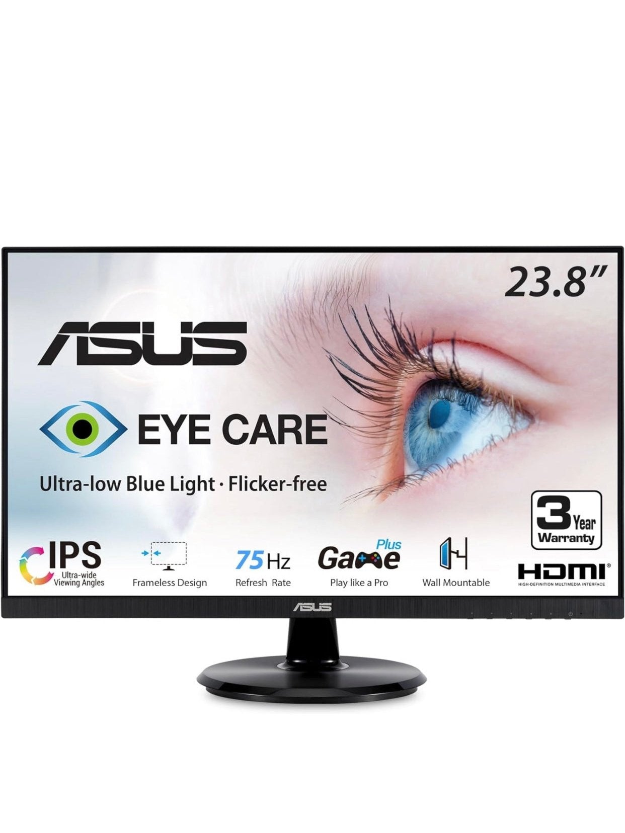 ASUS VA24DQ 23.8” Monitor, 1080P Full HD, 75Hz, IPS, Adaptive-Sync/FreeSync, Eye Care, HDMI DisplayPort VGA, Frameless, VESA Wall Mountable ,BLACK