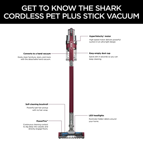 Shark Cordless Vacuum Cleaner, HEPA Filter, Lightweight, Portable, Rechargeable, Pet Hair Pickup, Removable Handheld, Crevice, Upholstery & Dusting Brush Included, 40-min runtime, Red, IZ362H ANM Liquidation