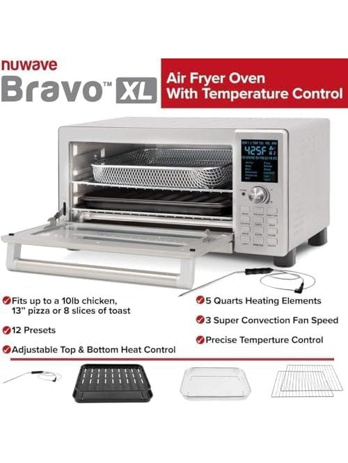 Nuwave Bravo Air Fryer Toaster Smart Oven, 12-in-1 Countertop Convection, 30-QT XL Capacity, 50°-500°F Temperature Controls, Top and Bottom Heater Adjustments 0%-100%, Brushed Stainless Steel Look ANM Liquidation
