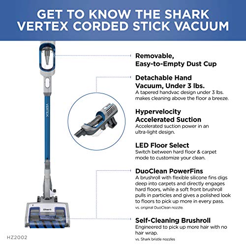Shark HZ2002 Vertex Ultralight Corded Stick DuoClean PowerFins & Self-Cleaning Brushroll, Perfect for Pets, Removable Hand Vacuum, Upholstery Tool, Dusting & Power Brushes, Cobalt Blue