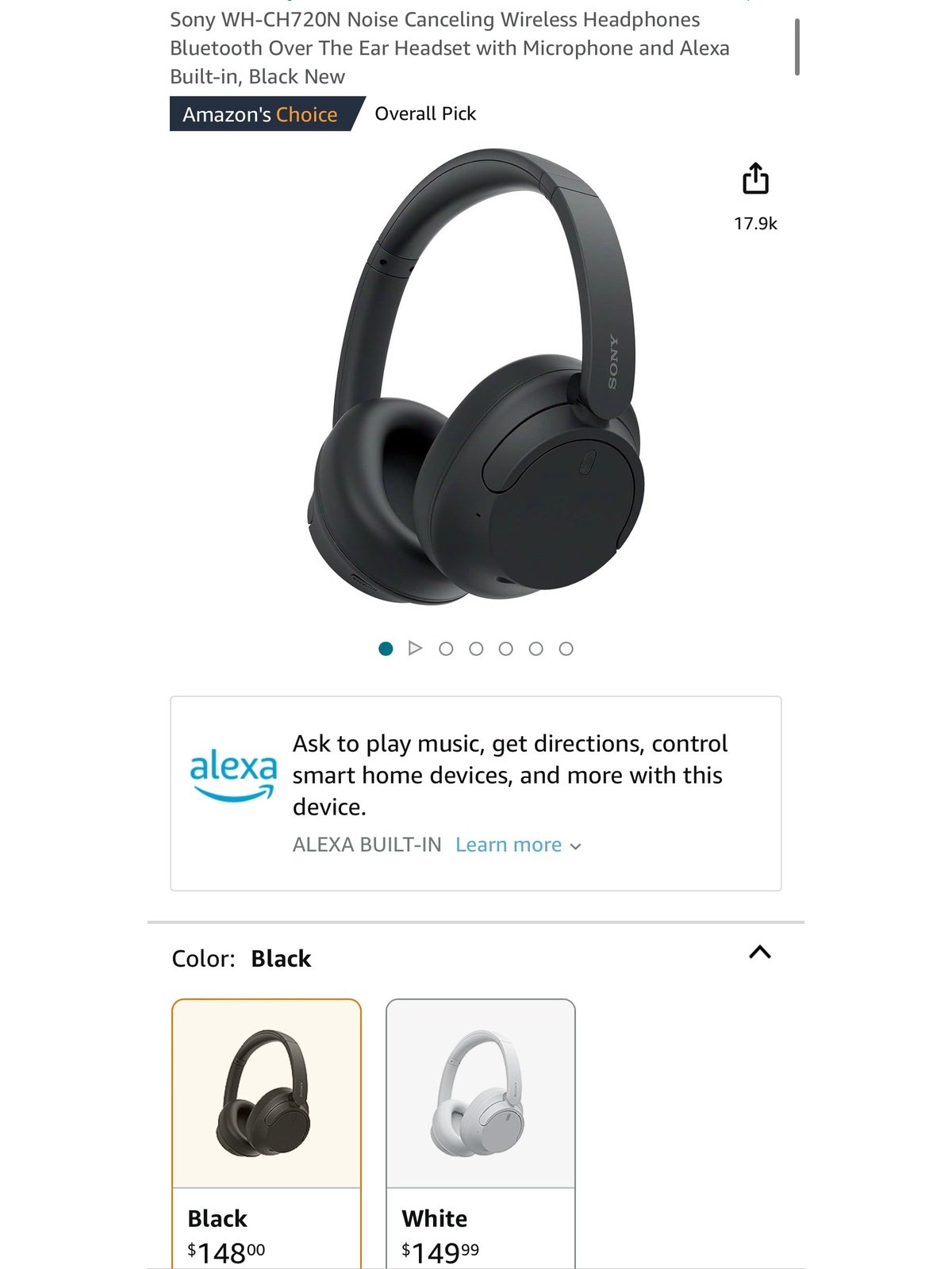 Sony WH-CH720N Noise Canceling Wireless Headphones Bluetooth Over The Ear Headset with Microphone and Alexa Built-in, Black