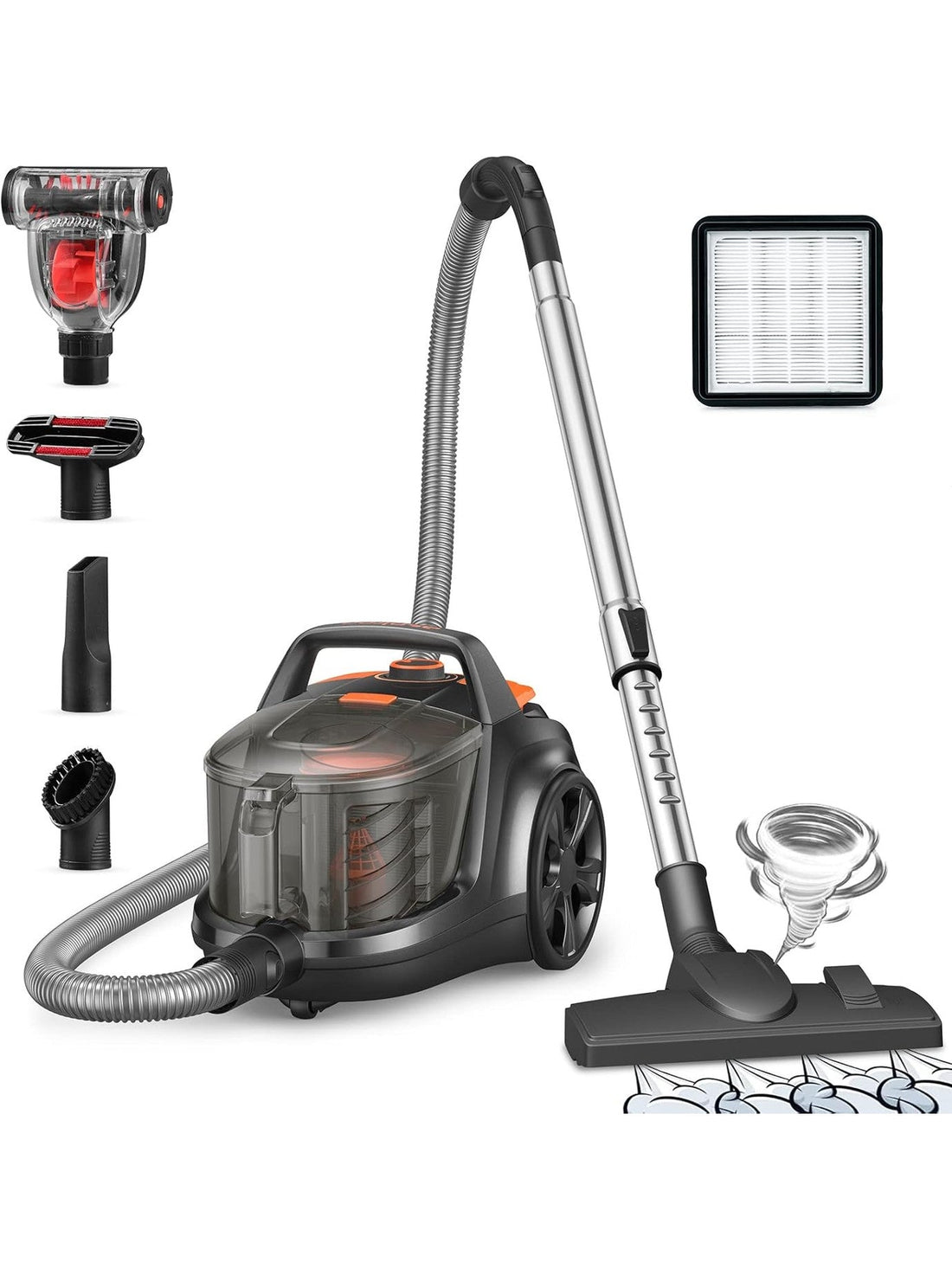 Aspiron Canister Vacuum Cleaner, Lightweight Bagless Vacuum Cleaner, 3.7QT Large Dust Cup, Automatic Cord Rewind, 5 Tools, HEPA Filter, Variable Speed Portable Vacuum for Hard Floors, Pet, Car, Black ANM Liquidation