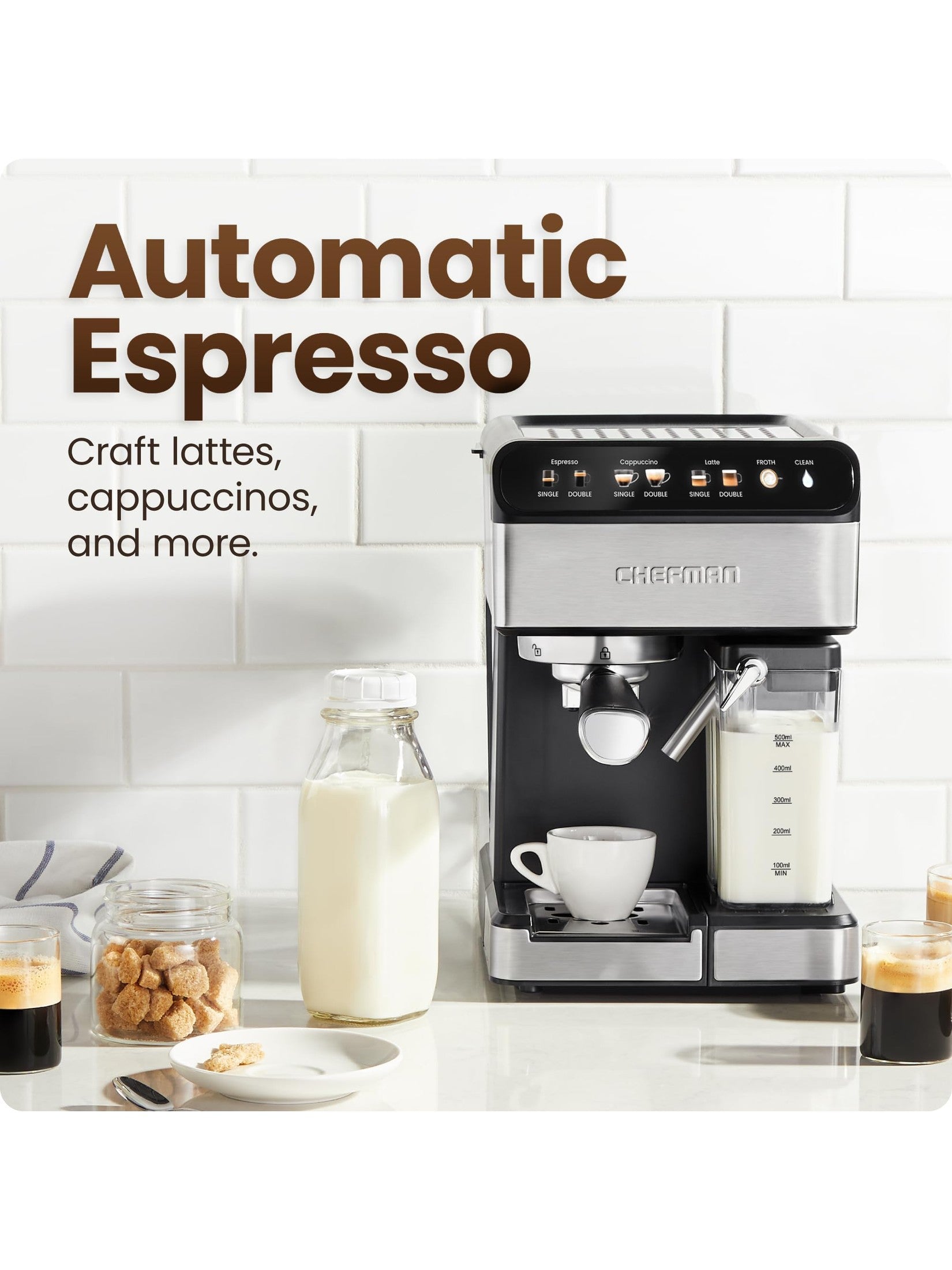 Chefman CaféMaster Pro Espresso Machine, Brew Single or Double Shots, Coffee Maker with Built-In Milk Frother for Cappuccino & Latte, XL 1.8 Liter Removable Water Reservoir - Stainless Steel ANM Liquidation