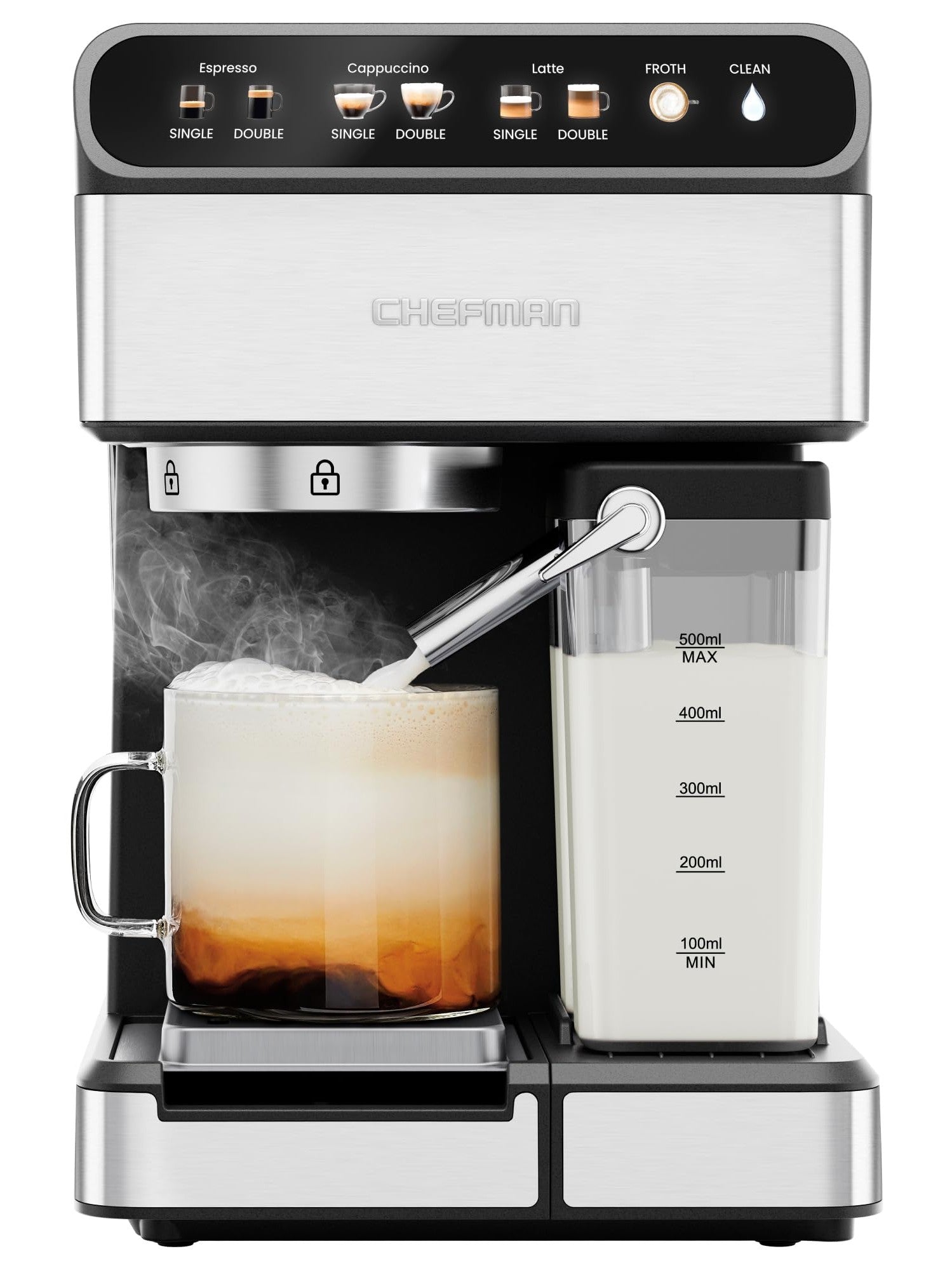 Chefman CaféMaster Pro Espresso Machine, Brew Single or Double Shots, Coffee Maker with Built-In Milk Frother for Cappuccino & Latte, XL 1.8 Liter Removable Water Reservoir - Stainless Steel ANM Liquidation