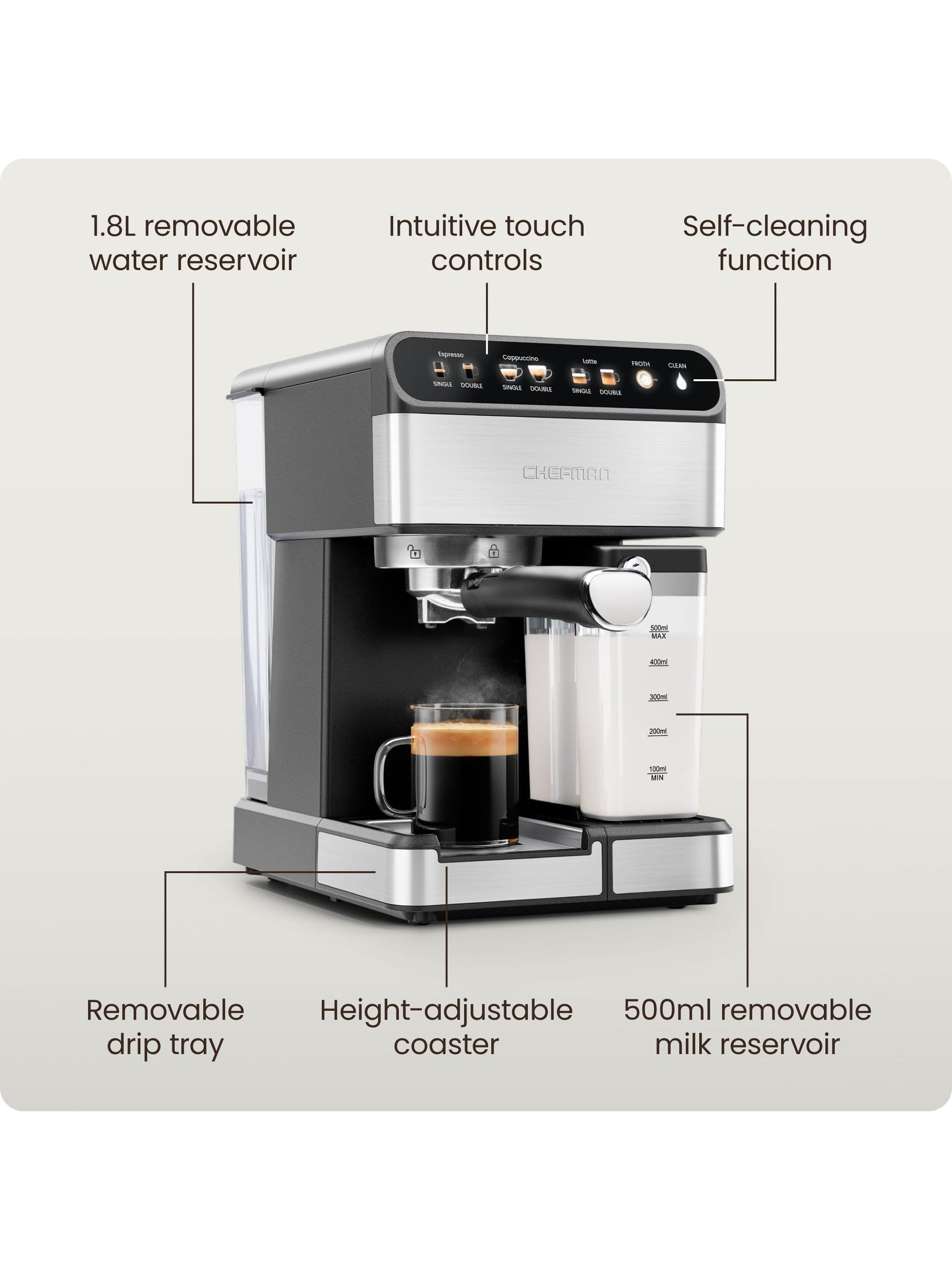 Chefman CaféMaster Pro Espresso Machine, Brew Single or Double Shots, Coffee Maker with Built-In Milk Frother for Cappuccino & Latte, XL 1.8 Liter Removable Water Reservoir - Stainless Steel ANM Liquidation