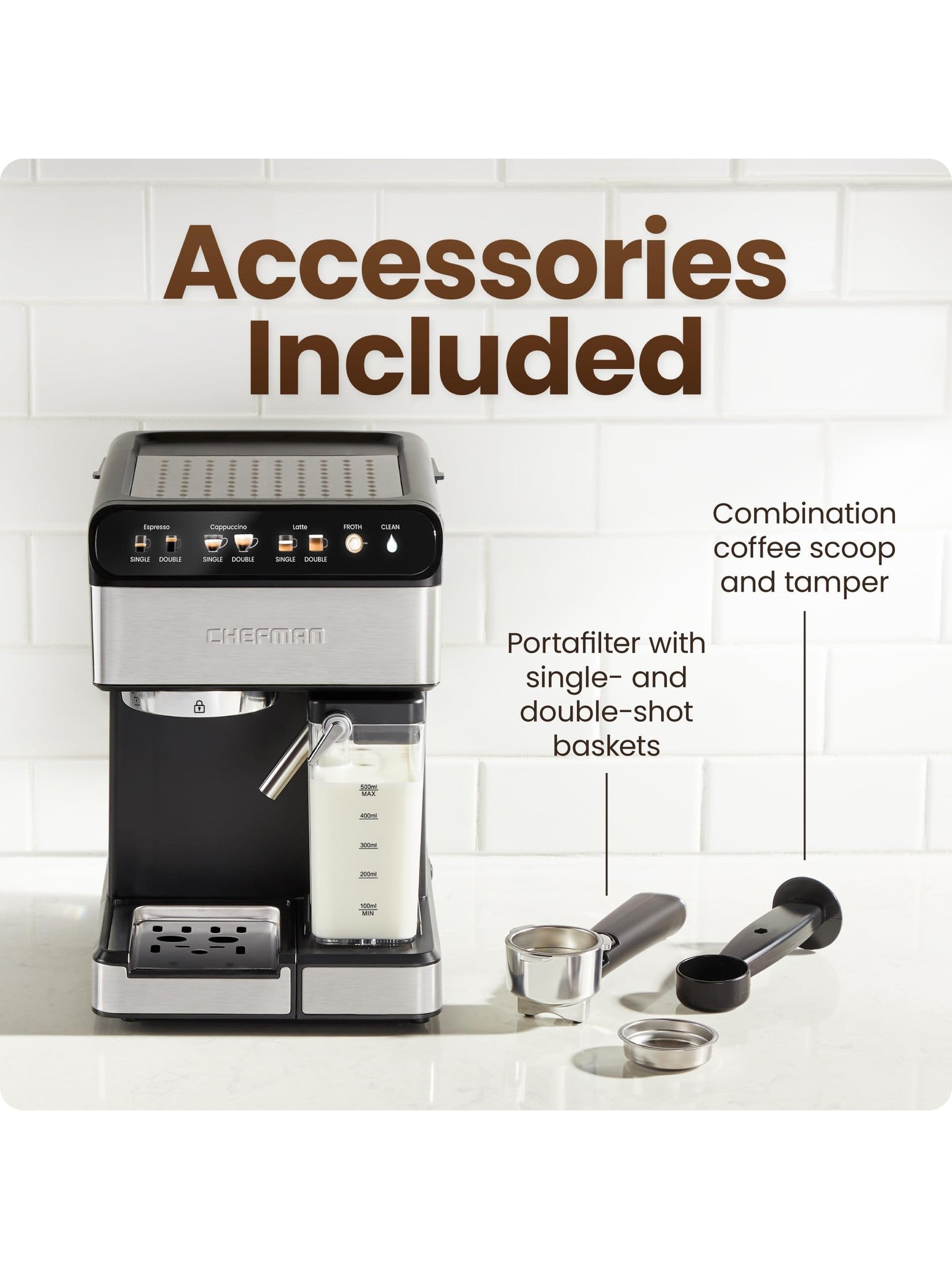 Chefman CaféMaster Pro Espresso Machine, Brew Single or Double Shots, Coffee Maker with Built-In Milk Frother for Cappuccino & Latte, XL 1.8 Liter Removable Water Reservoir - Stainless Steel ANM Liquidation