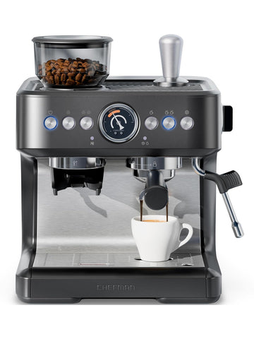 Chefman Crema Deluxe Espresso Machine with Double Boiler, Use Milk Frother and Brew Espresso Simultaneously, Professional Coffee Maker with Coffee Grinder and Steam Wand, 30 Grind Settings