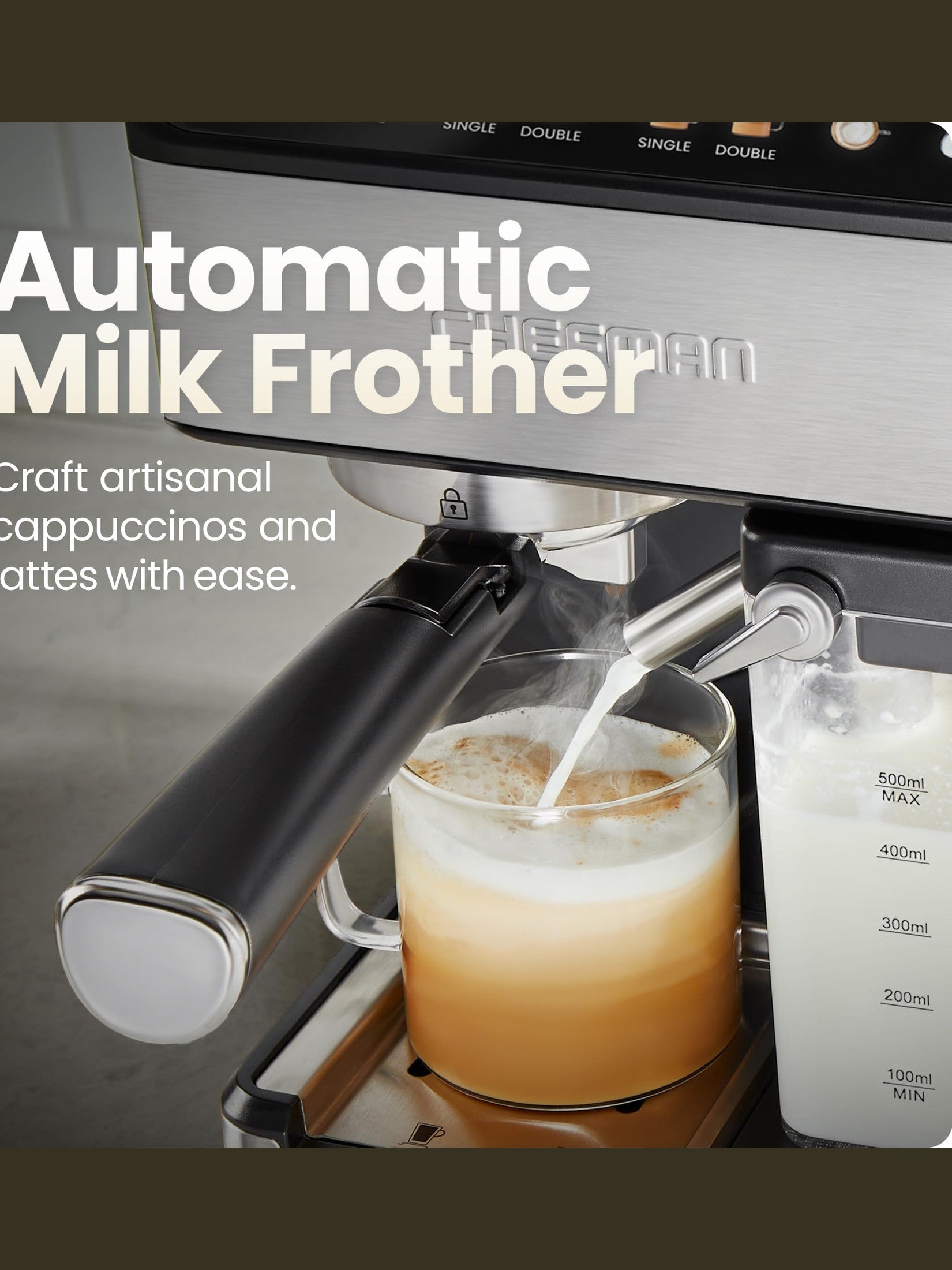 Chefman CaféMaster Pro Espresso Machine, Brew Single or Double Shots, Coffee Maker with Built-In Milk Frother for Cappuccino & Latte, XL 1.8 Liter Removable Water Reservoir - Stainless Steel ANM Liquidation