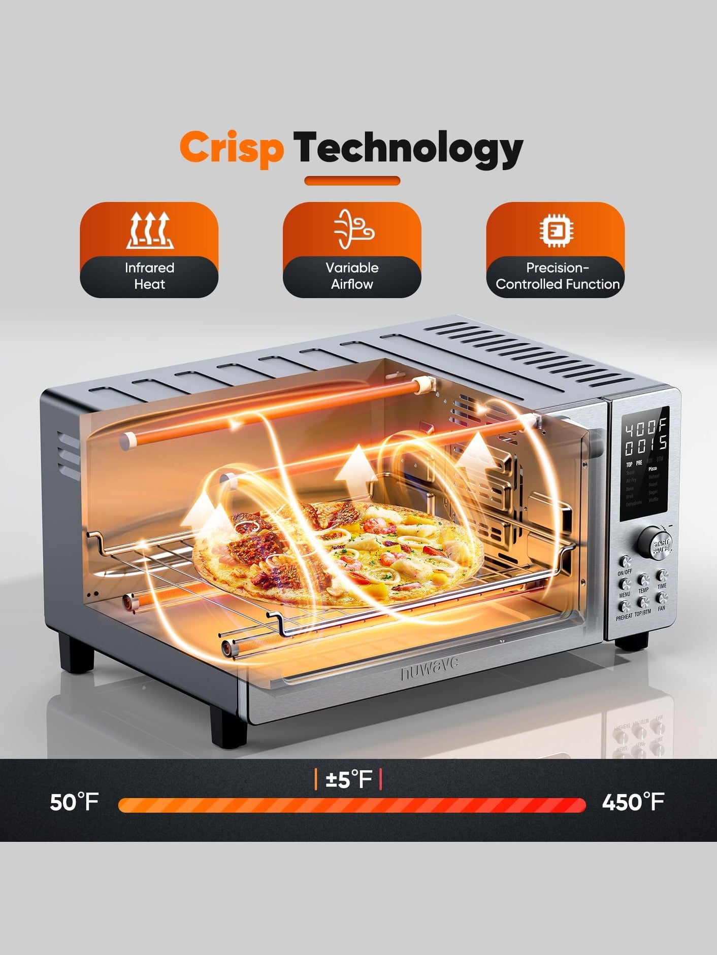 Nuwave Bravo Pro Convection Air Fryer Toaster Oven Combo, 2025 New and Improved, 10-in-1, 50°-450°F Temp Controls, Quick & Even Crisp Technology, 21Qt Capacity, Stainless Steel, PFAS Free ANM Liquidation