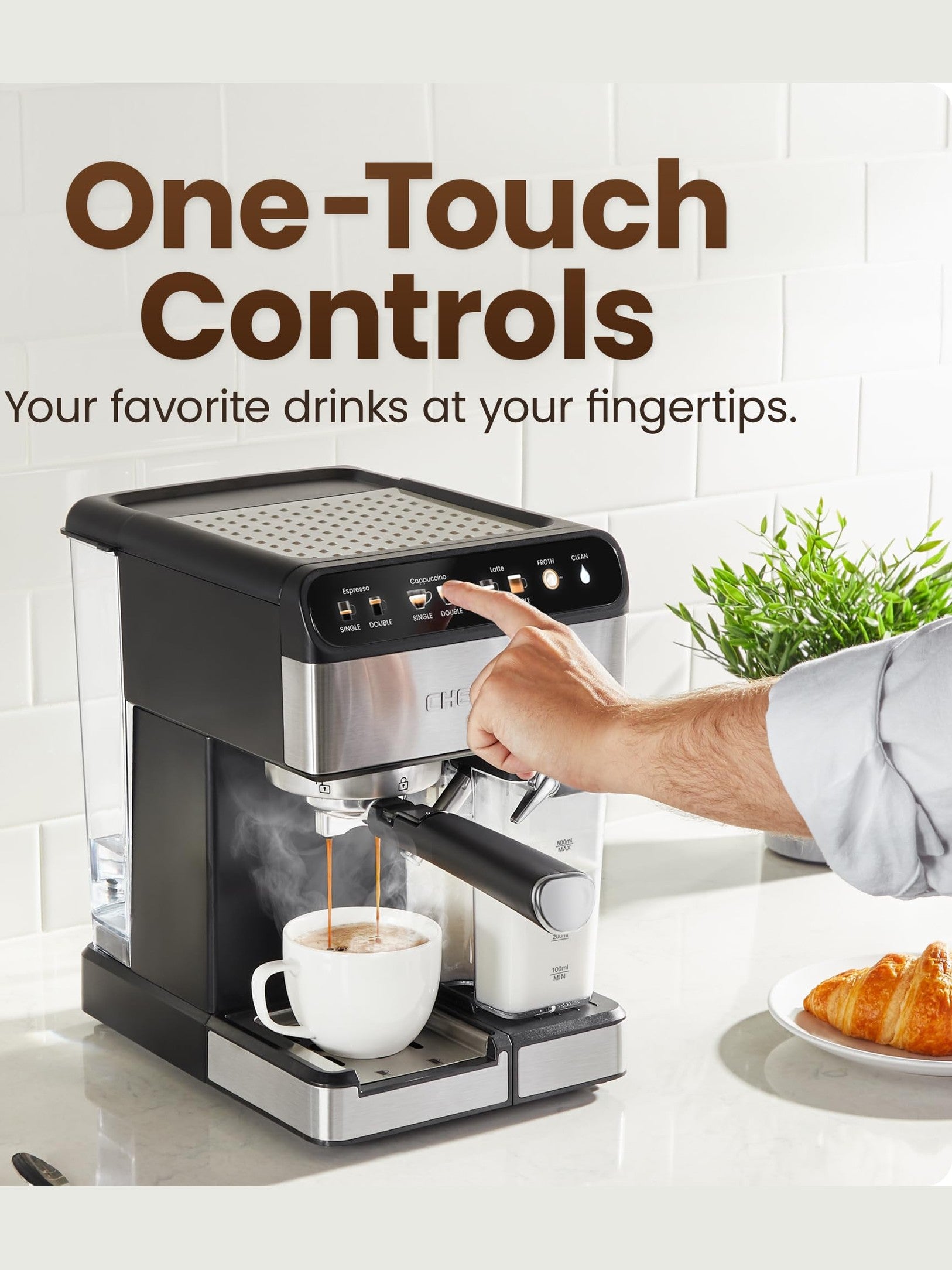 Chefman CaféMaster Pro Espresso Machine, Brew Single or Double Shots, Coffee Maker with Built-In Milk Frother for Cappuccino & Latte, XL 1.8 Liter Removable Water Reservoir - Stainless Steel ANM Liquidation