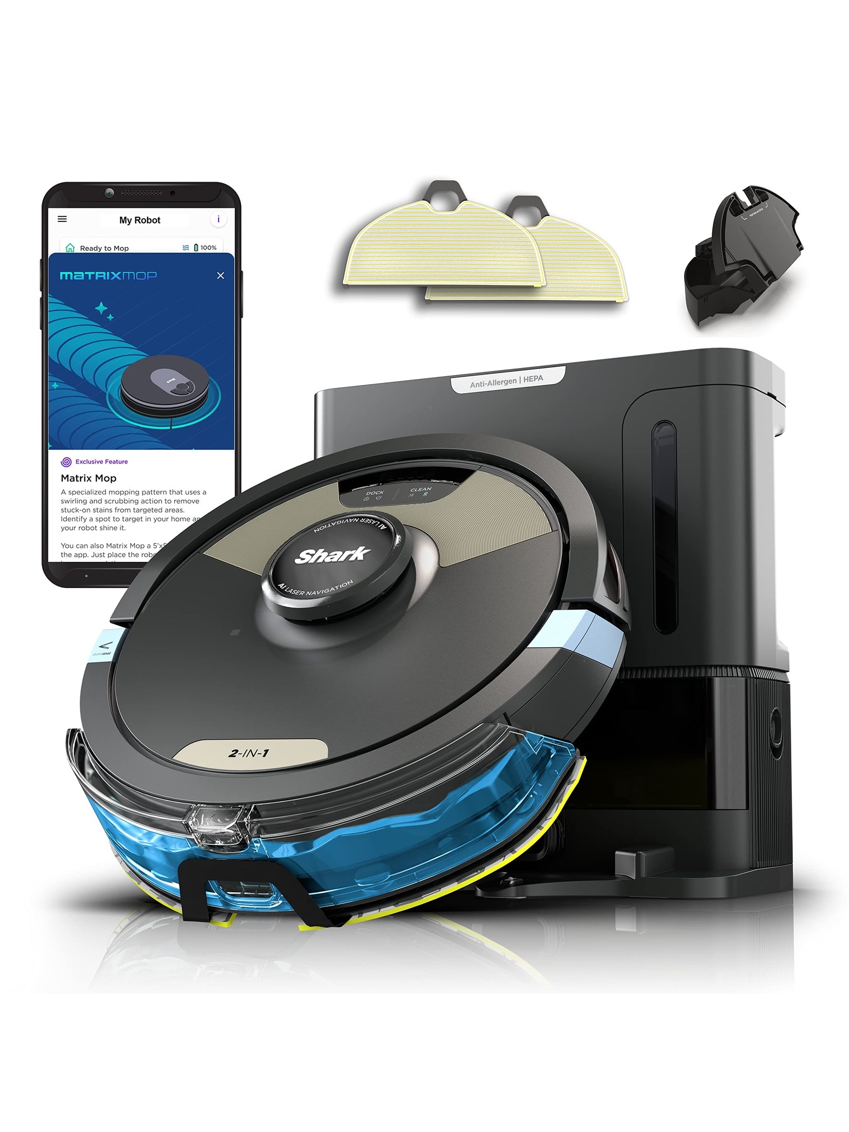 Shark Matrix Plus Robot Vacuum and Mop with Self-Empty HEPA Base, Sonic Mopping, Matrix Clean, Home Mapping, HEPA Bagless Self Empty Base, CleanEdge, for Pet Hair, UR2650WS ANM Liquidation