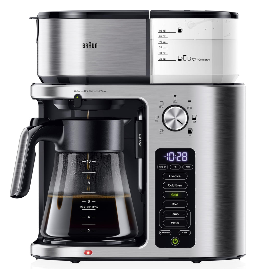 Braun MultiServe Plus 10-Cup Drip Coffee Maker - Hot & Cold Multi-Serve Brewer with Timer and Auto Start, Hot Water Dispenser, Over Ice Function, Stainless Steel & Pod-Free Design, KF9370SI