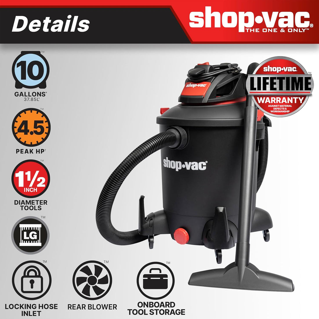 Shop-Vac 5761011 10 Gallon Wet/Dry Shop Vacuum, 4.5 Peak HP, 1.5 Inch Diameter x 7 Foot Hose, 12 Foot Cord, Ideal for Home, Garage, and Workshop Cleaning