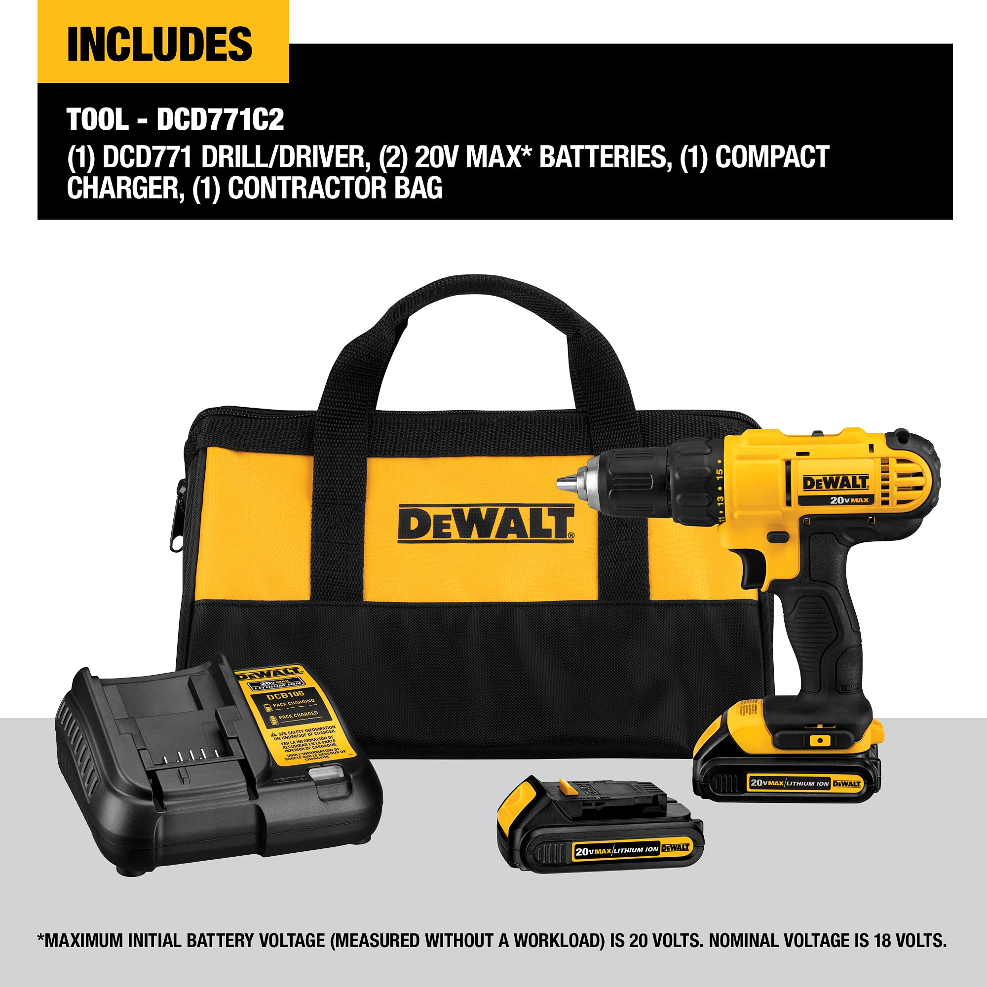 DEWALT 20V Max Cordless Drill/Driver Kit, Compact, 1/2-Inch (DCD771C2), Yellow