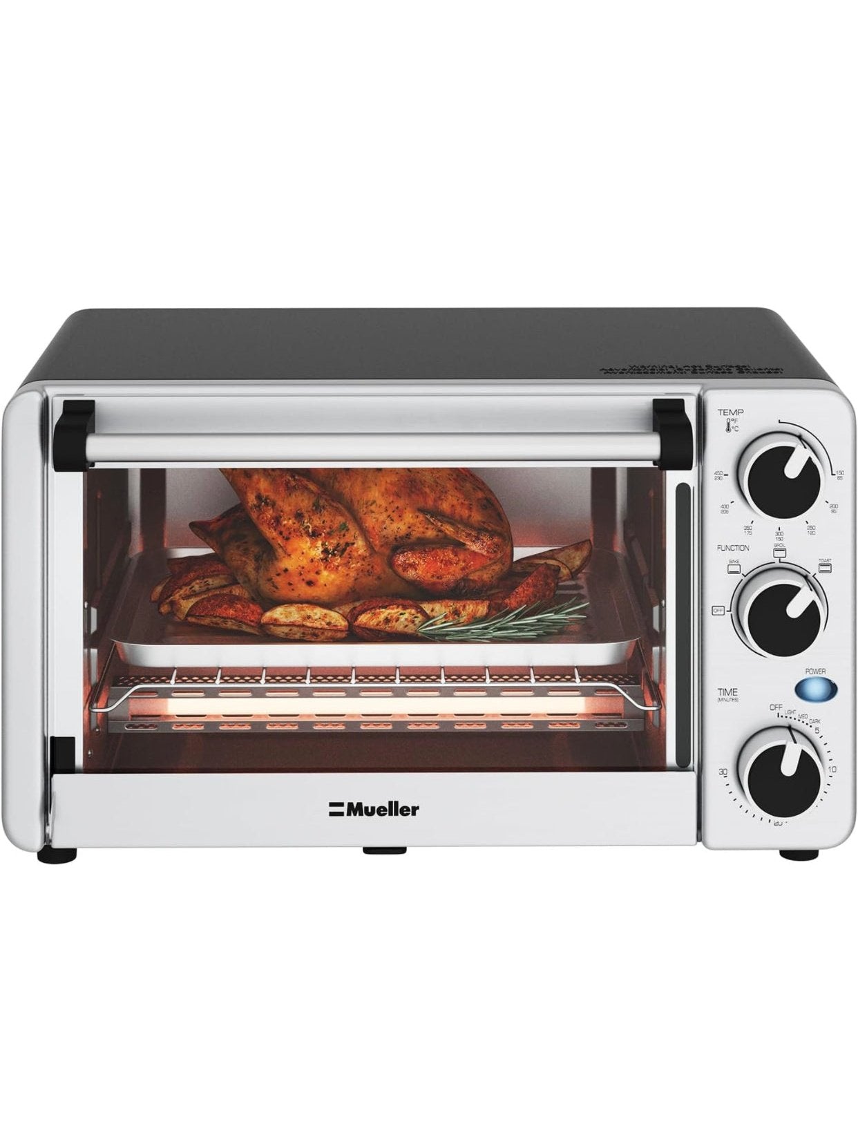 Mueller Toaster Oven with 30 Minute Timer - Toast - Bake - Broiler Settings, Stainless Steel, Natural Convection, Fits 9 inch Pizza, 4 Slice Toaster, 1100 W