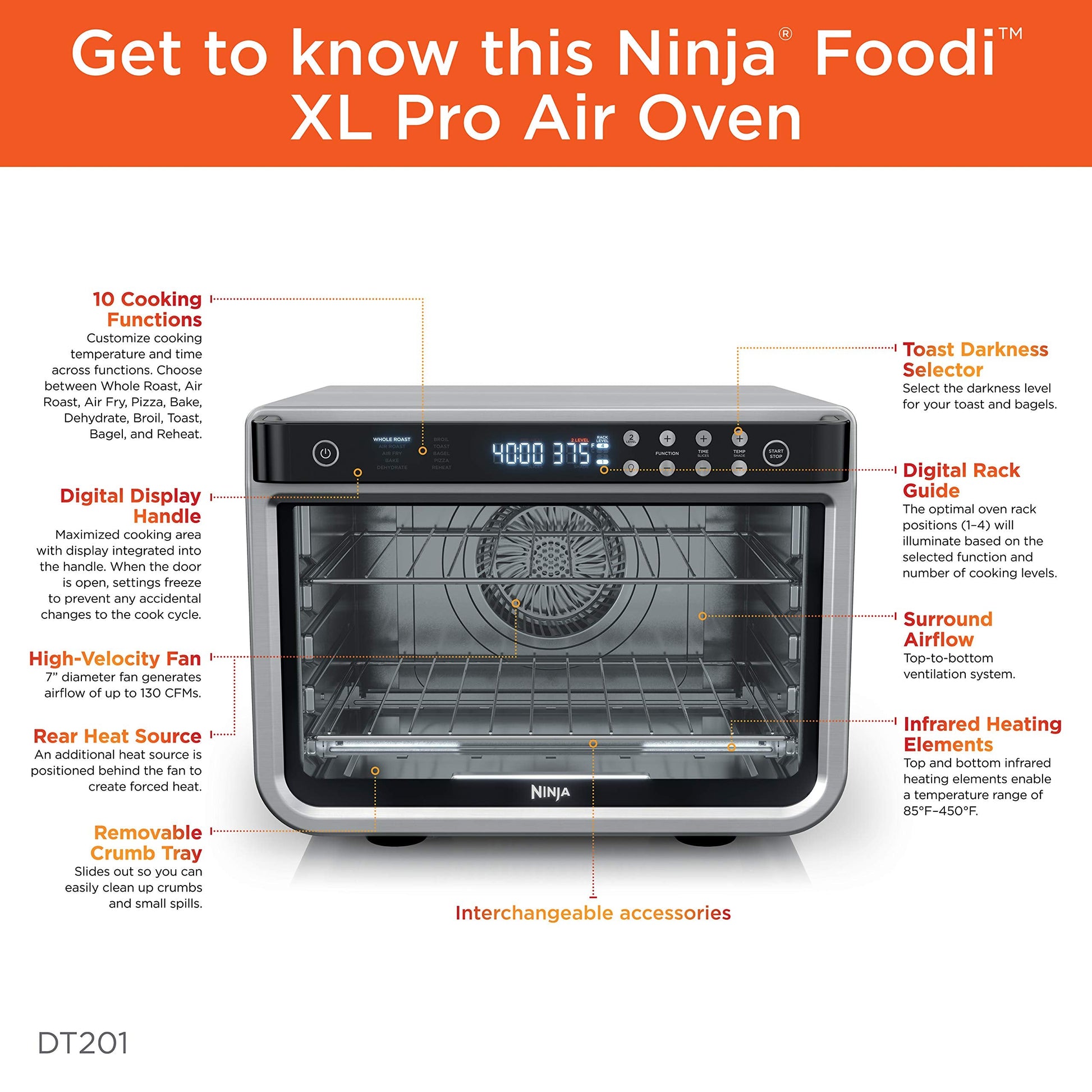Ninja DT202BK Foodi 8-in-1 XL Pro Air Fry Oven, Large Countertop Convection and Digital Toaster Oven, 1800 Watts, Black, 12 in. ANM Liquidation