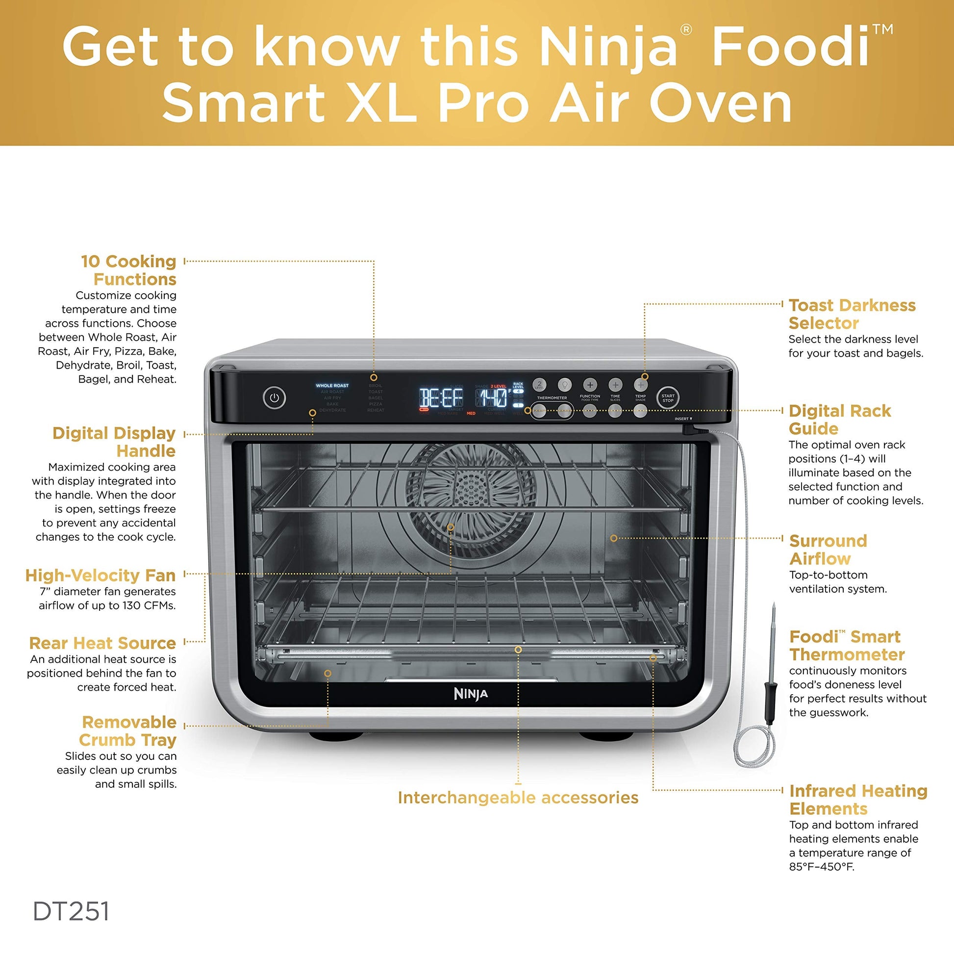 Ninja DT202BK Foodi 8-in-1 XL Pro Air Fry Oven, Large Countertop Convection and Digital Toaster Oven, 1800 Watts, Black, 12 in. ANM Liquidation