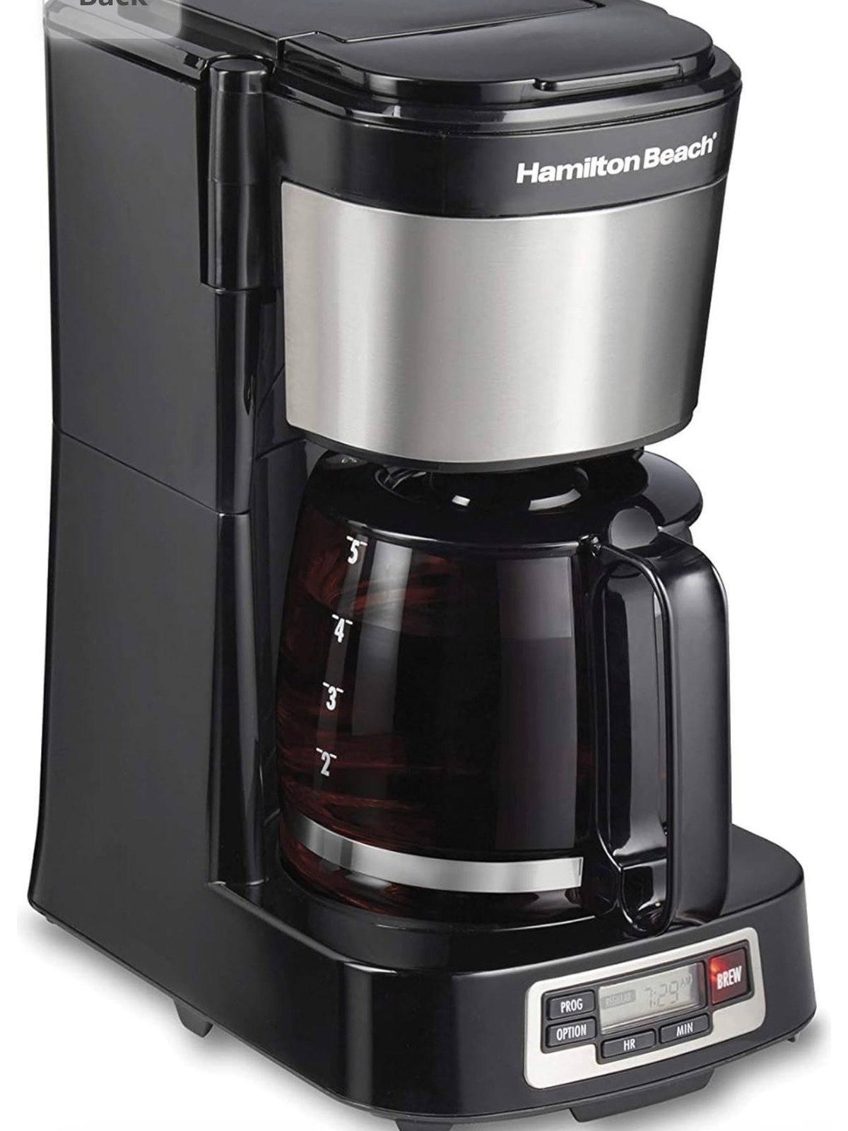 Hamilton Beach 5 Cup Compact Drip Coffee Maker with Programmable Clock, Glass Carafe, Auto Pause and Pour, Black & Stainless Steel (46111)