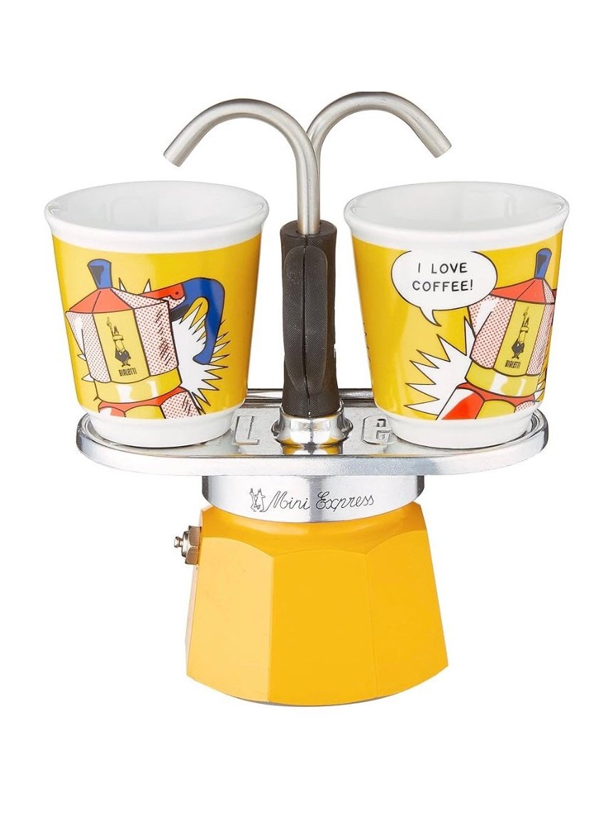 Bialetti - Mini Express Lichtenstein: Moka Set includes Coffee Maker 2-Cup (2.8 Oz) + 2 shot glasses, Yellow, Aluminium