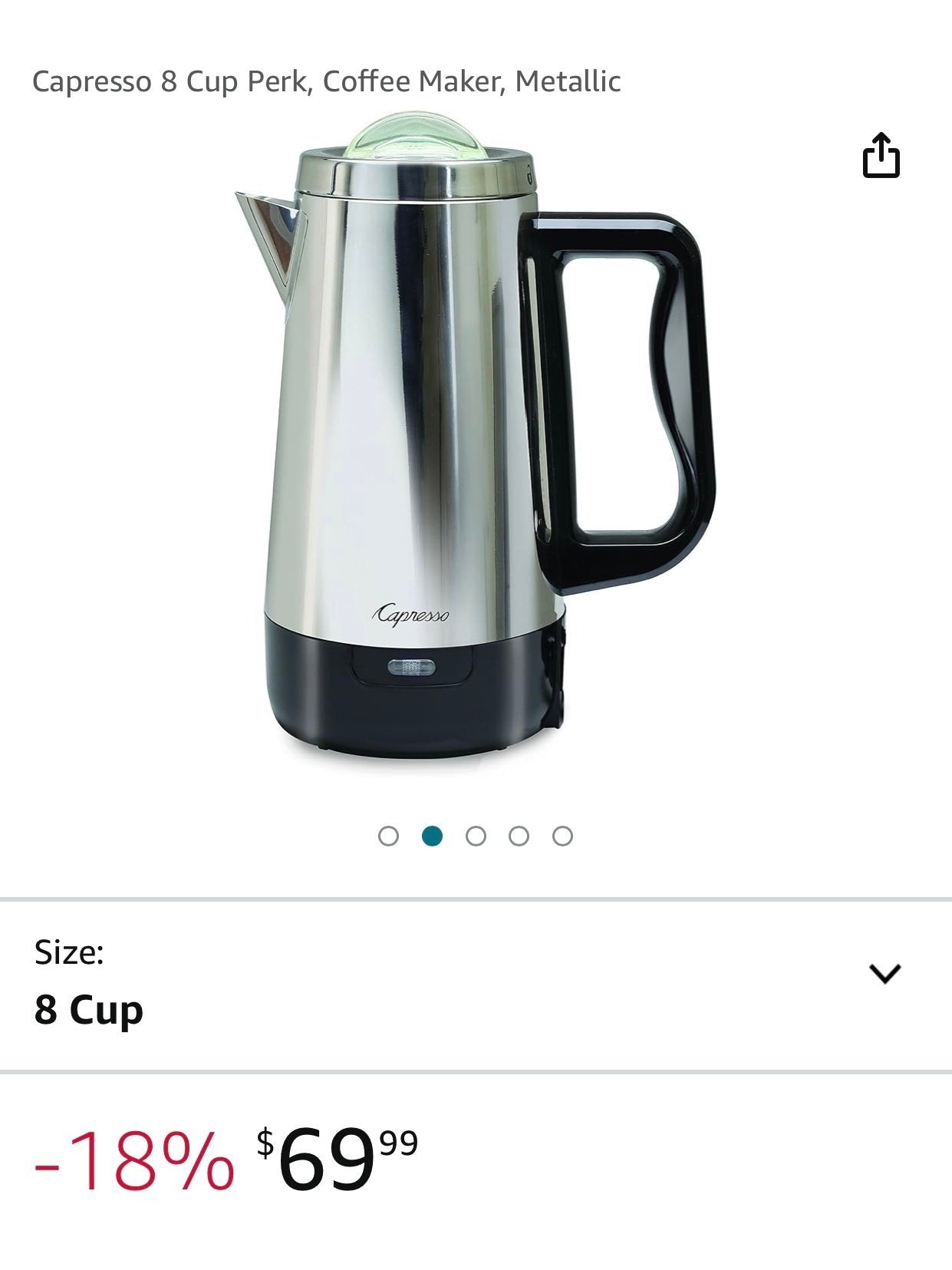 Capresso 8 Cup Perk, Coffee Maker, Metallic