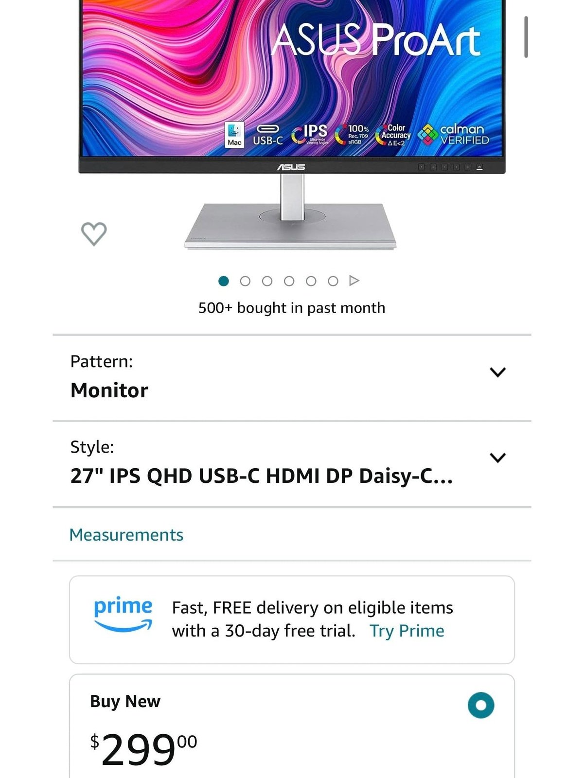 ASUS ProArt Display 27" Monitor - WQHD (2560 x 1440), IPS, 100% sRGB, 100% Rec. 709, ΔE < 2, Calman Verified, USB Hub, USB-C, Daisy-chaining, HDMI, Compatible With Laptop & Mac Monitor - PA278CV
