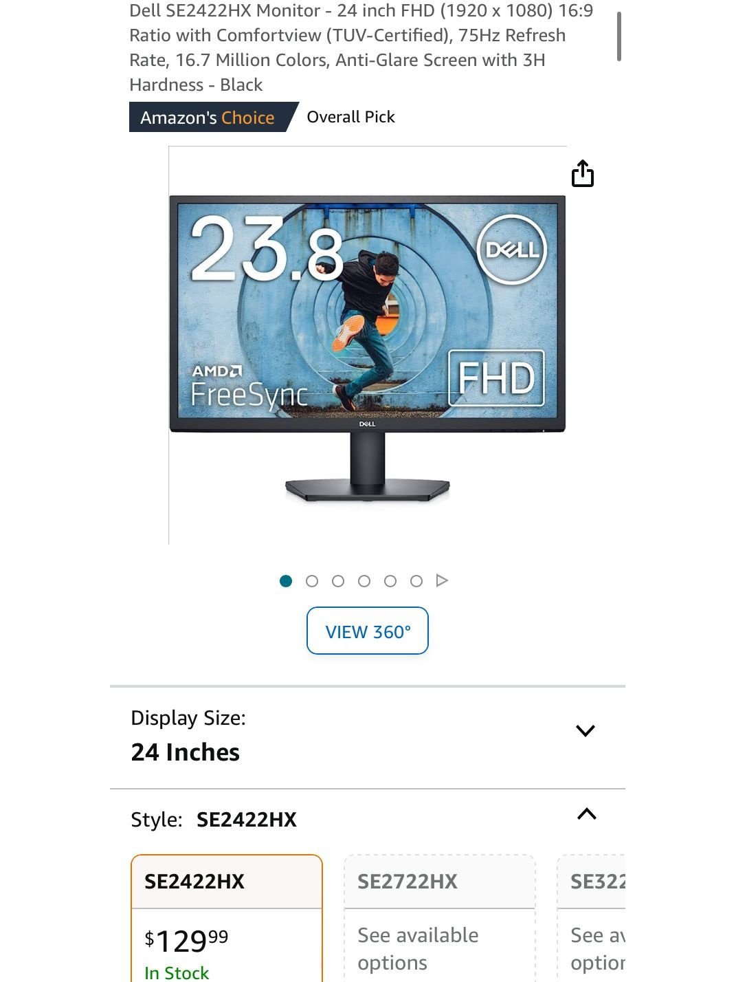 Dell SE2422HX Monitor - 24 inch FHD (1920 × 1080) 16:9
Ratio with Comfortview (TUV-Certified), 75Hz Refresh Rate, 16.7 Million Colors,