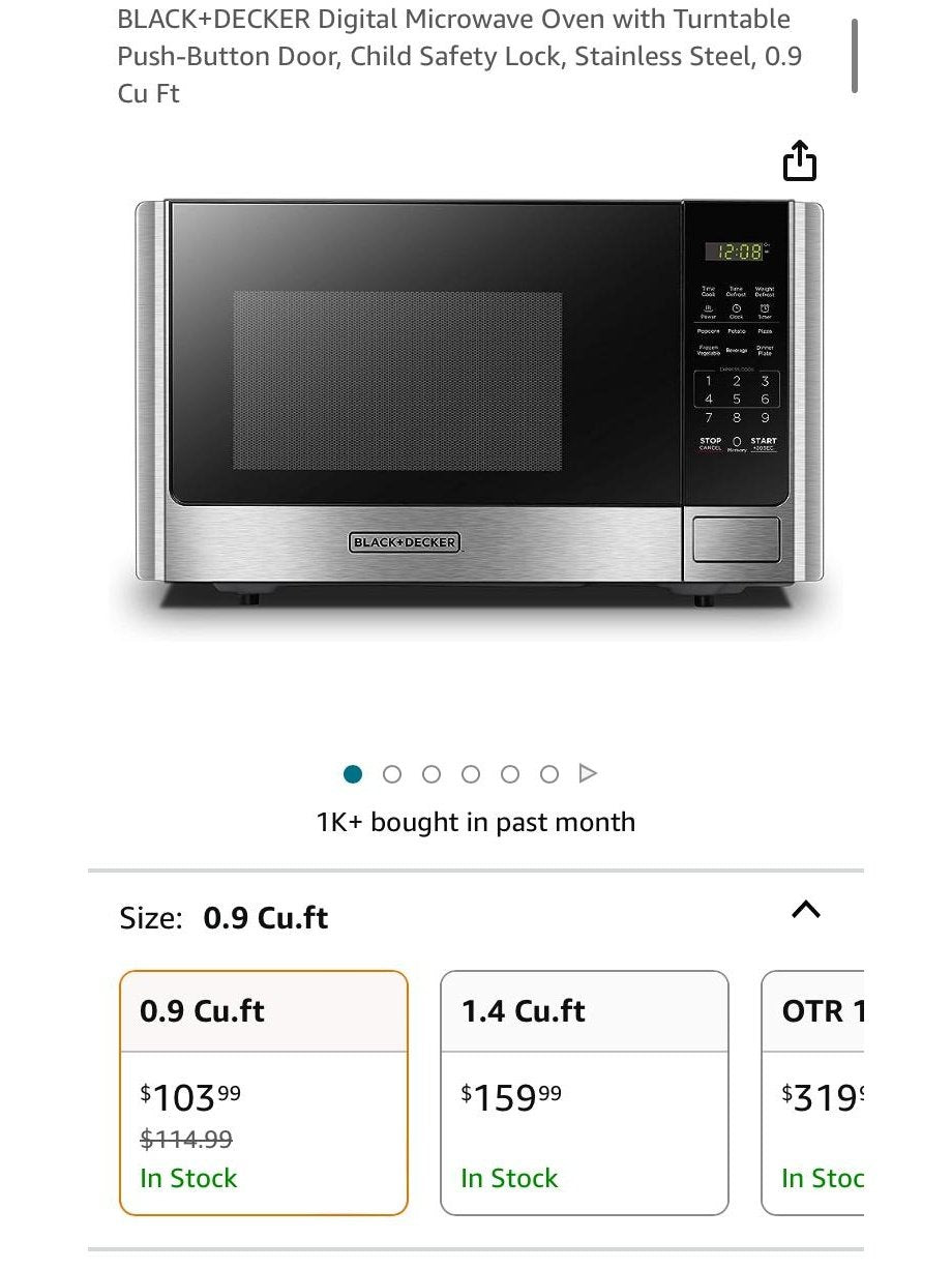 BLACK+DECKER Digital Microwave Oven with Turntable Push-Button Door, Child Safety Lock, Stainless Steel, 0.9
Cu Ft