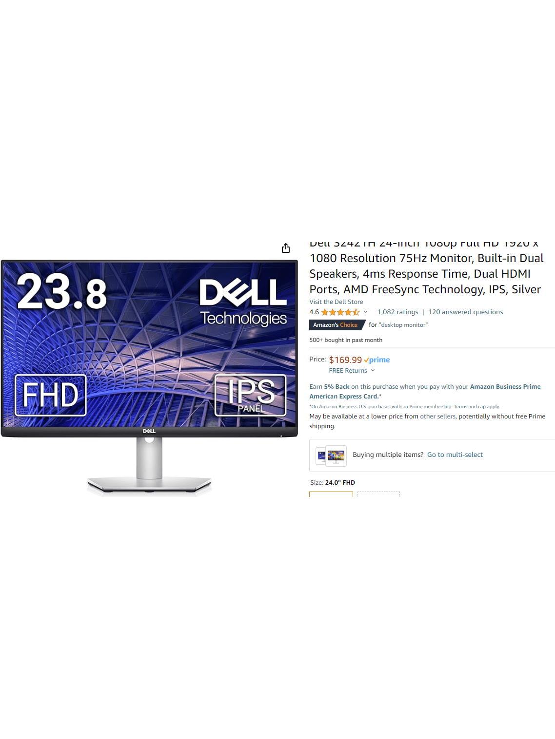 Dell S2421H 24-Inch 1080p Full HD 1920 x 1080 Resolution 75Hz Monitor, Built-in Dual Speakers, 4ms Response Time, Dual HDMI Ports, AMD FreeSync Technology, IPS, Silver