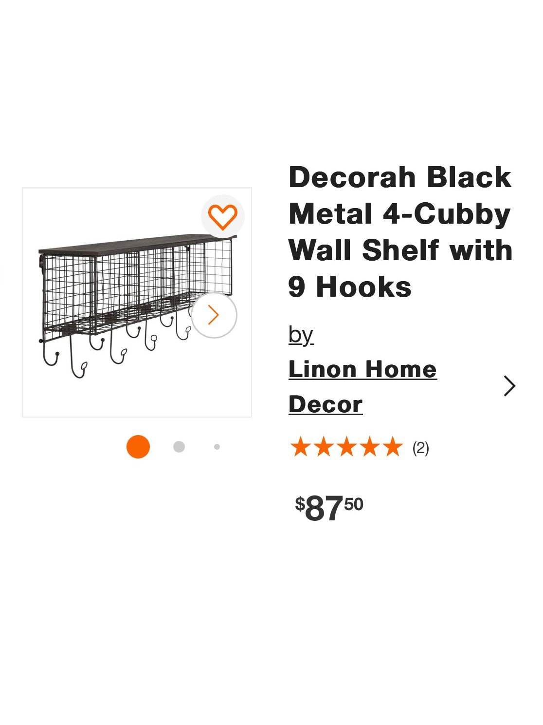 Decorah Black Metal 4-Cubby Wall Shelf with 9 Hooks