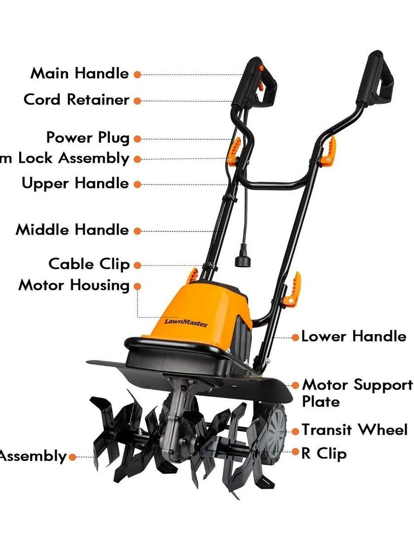 LawnMaster 16-Inch Electric Tiller 10-Amp Cultivator Foldable 6-Steel Blades