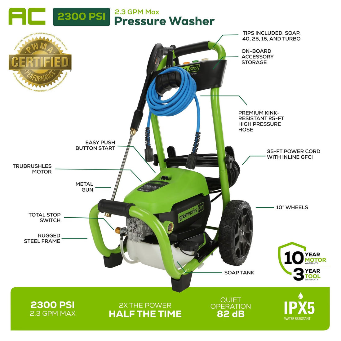 Greenworks - Pro Electric Pressure Washer up to 2300 PSI at 1.2 GPM - Green ANM Liquidation
