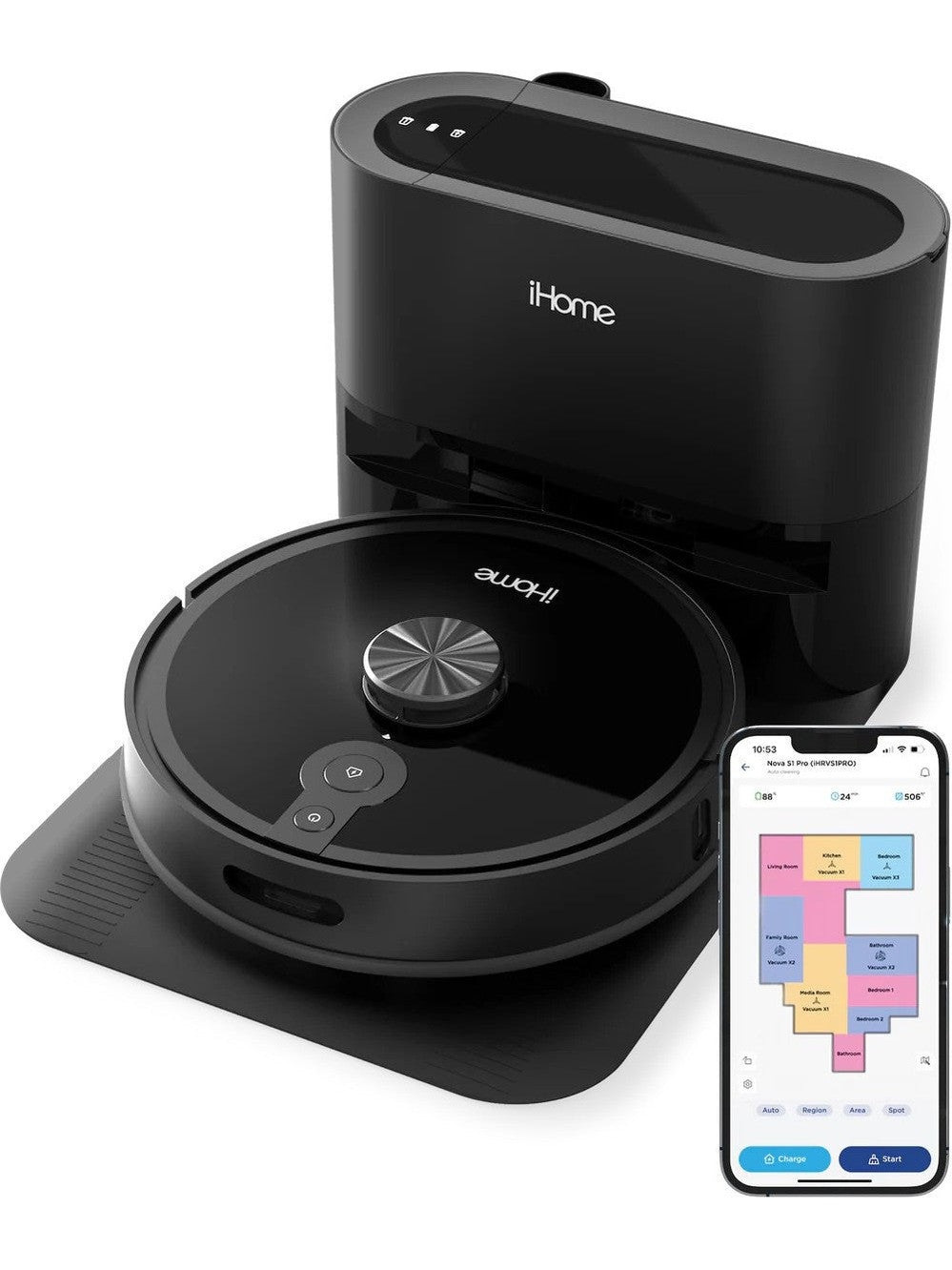 iHome iHRVS1PRO-3BLK Nova S1 Pro Self Empty Robot Vacuum, 150 Min Runtime, Black ANM Liquidation