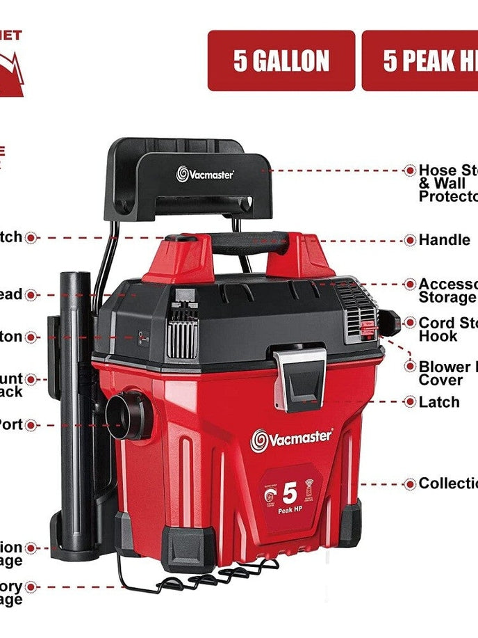 Vacmaster 5 Gallon 5 Peak HP Wet Dry Vacuum Cleaner Wall-Mounted Remote Control