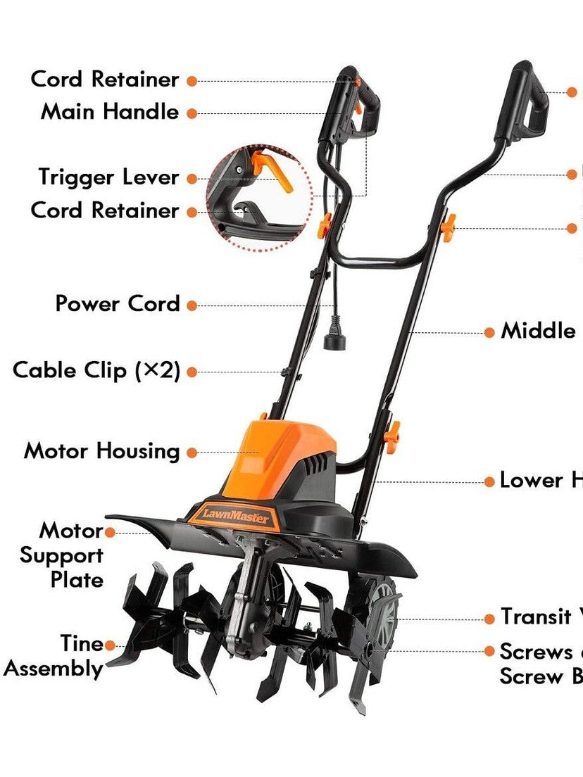 LawnMaster 18'' Corded Electric Tiller 13.5 AMP 6-Steel Blades Foldable Design