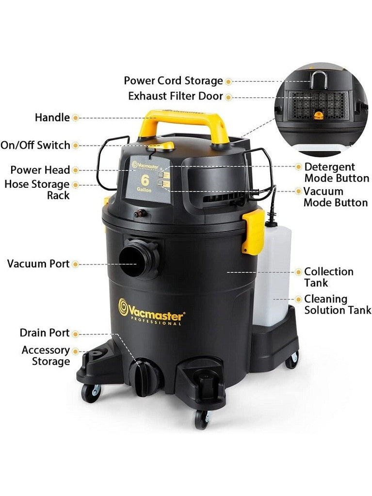 Vacmaster 6 Gallon 5.5HP Wet Dry Car Vacuum Cleaner Upholstery Shampoo 3-IN-1